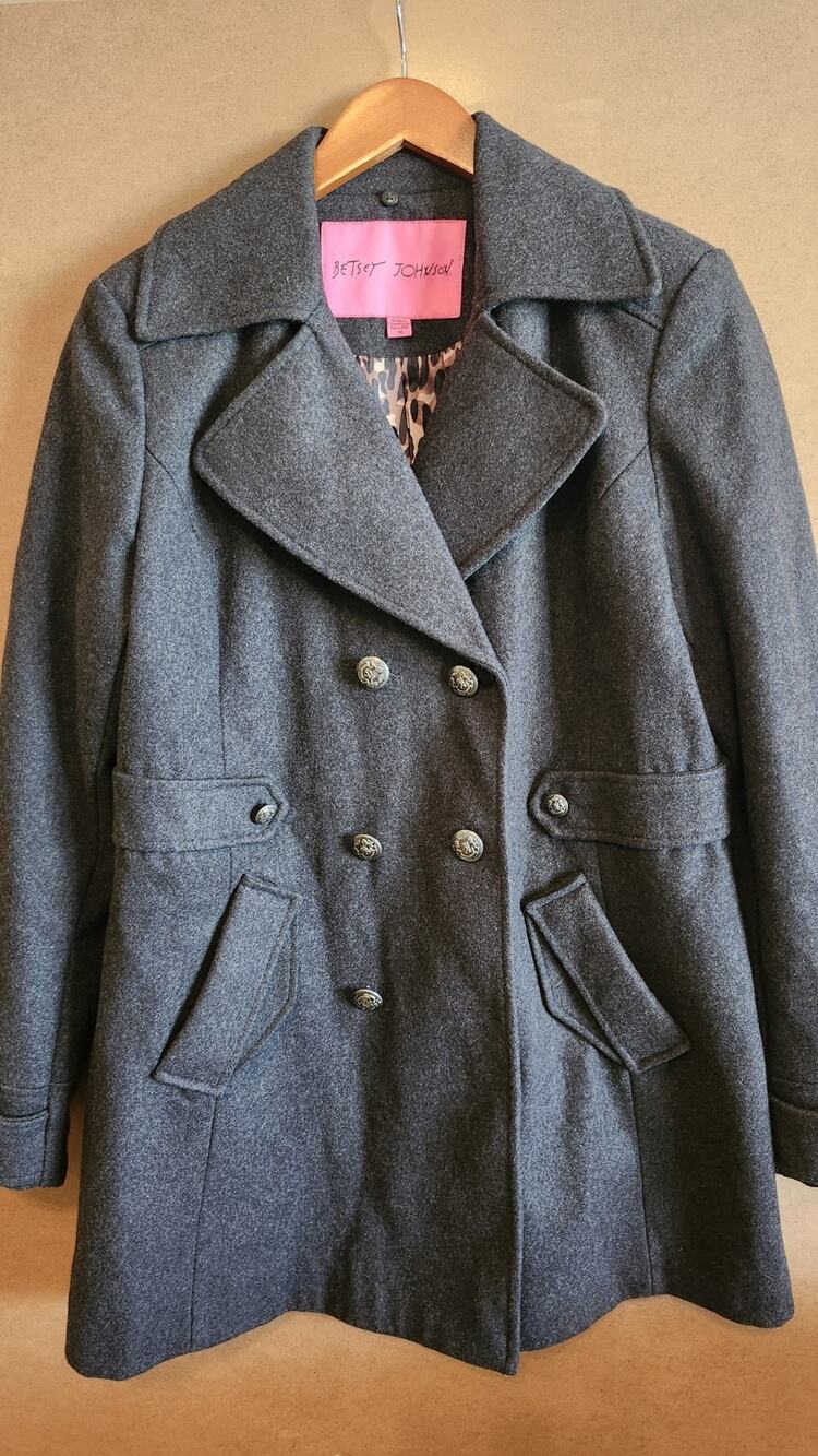 Vtg Betsey Johnson Grey Wool Pea Coat Double Breasted Leopard Lining Size 14 J39